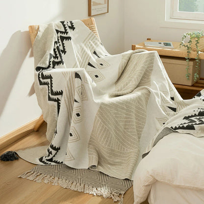 Cozy Bohemian Cotton Throw Blanket with Tassels in Yellow, Pink, and Gray Colors