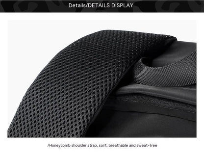 A large, simple, and stylish backpack made of durable nylon material with multiple compartments for organized storage and comfortable shoulder straps for easy carry.