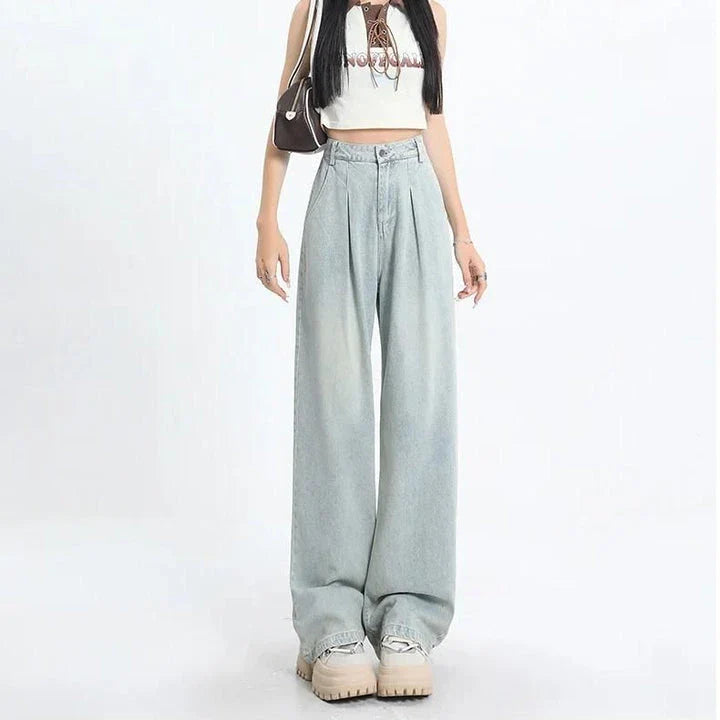 Vintage high-waist straight leg women's jeans in premium stripe fabric with decorative buttons and pockets