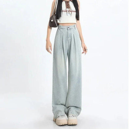 Vintage high-waist straight leg women's jeans in premium stripe fabric with decorative buttons and pockets