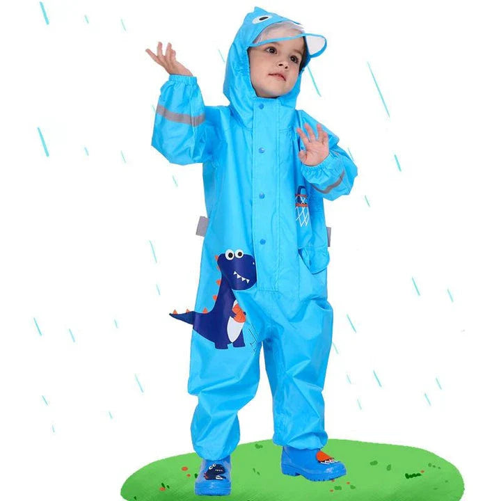 Children in a colorful dinosaur-themed waterproof rain jumpsuit playing outdoors in the rain