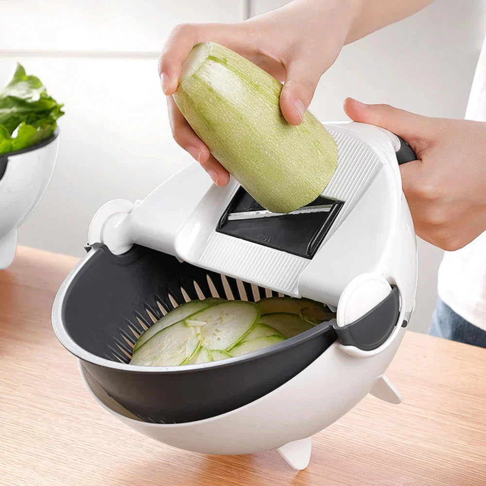 Multifunctional 2-in-1 Vegetable Slicer and Fruit Strainer with slicing disc, grater, and spiralizing accessories