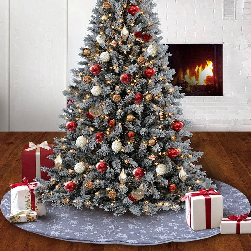 Elegant gray and white snowflake Christmas tree skirt for festive holiday home decor