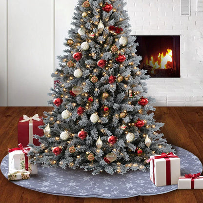 Elegant gray and white snowflake Christmas tree skirt for festive holiday home decor