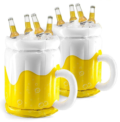 Oversized inflatable beer mug-shaped pool float with built-in cup holder for keeping drinks chilled and secure