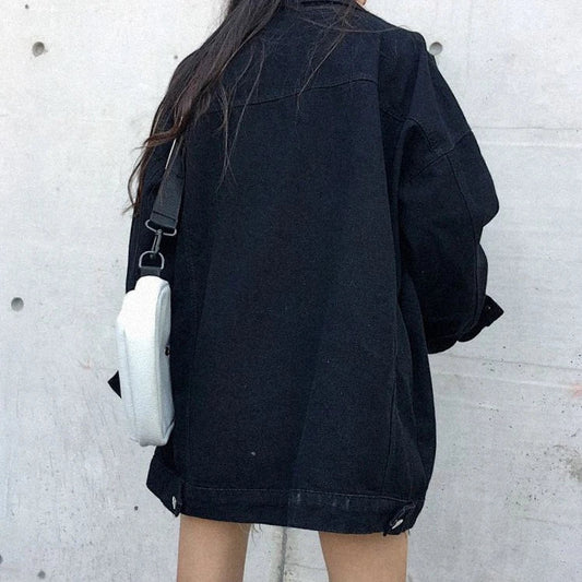 Stylish mid-length denim jacket for women with lotus leaf collar and loose, oversized fit