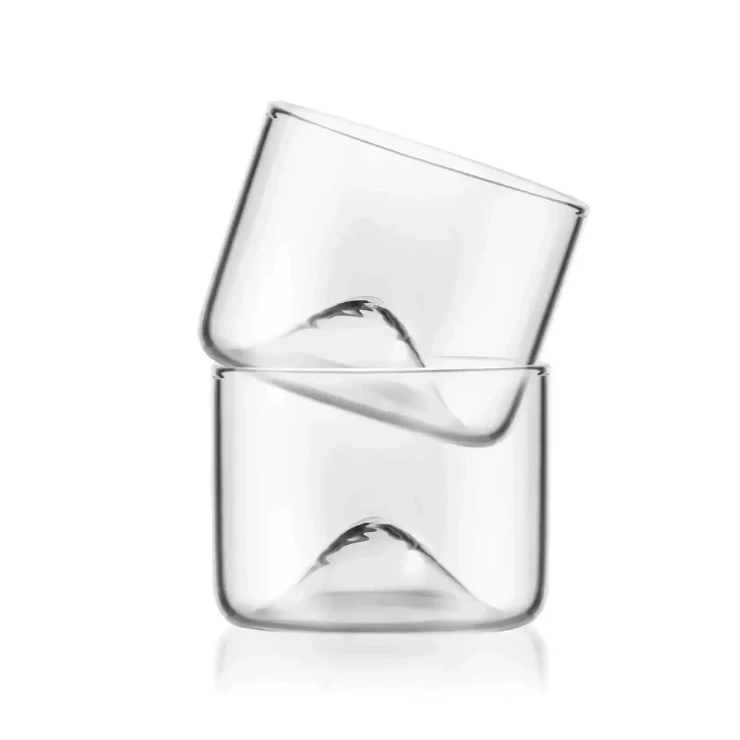 Elegant mountain-inspired whiskey glass with a wooden base, perfect for enjoying a variety of hot and cold beverages
