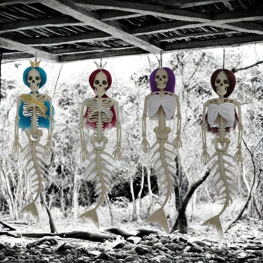 Mermaid bone pendant in various colors, including brown, dark purple, burgundy, and lake blue, hanging outdoors for Halloween decoration