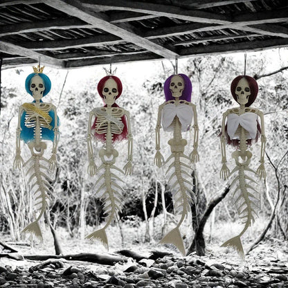 Mermaid bone pendant in various colors, including brown, dark purple, burgundy, and lake blue, hanging outdoors for Halloween decoration