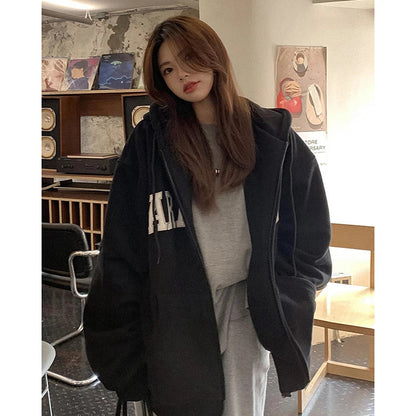 Premium hooded cardigan sweater for women in white grey and black colors, featuring a plush and thickened polyester fabric design