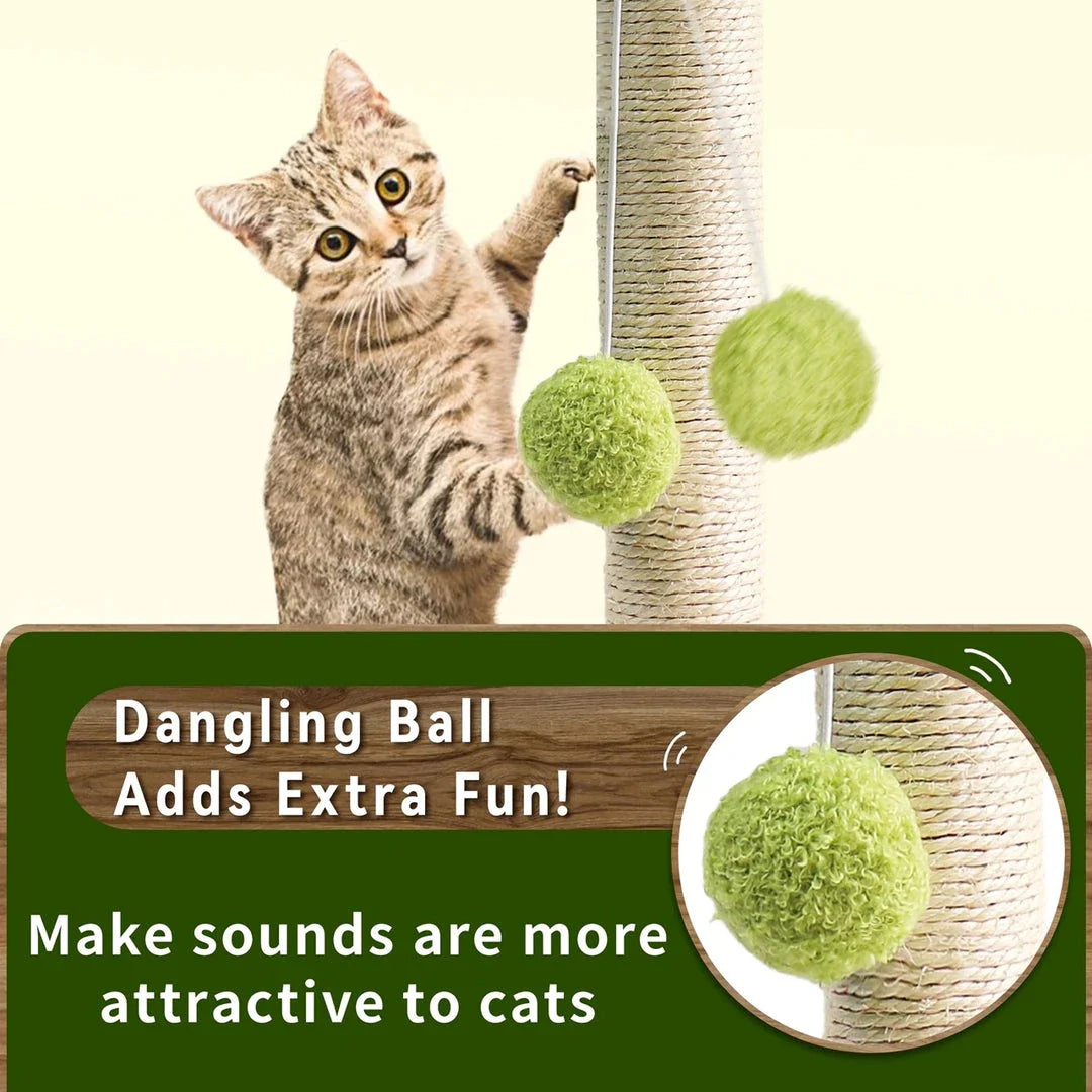 A natural-inspired cat scratching post with green leaves and interactive toys, providing a safe and engaging scratching surface for your feline companion.