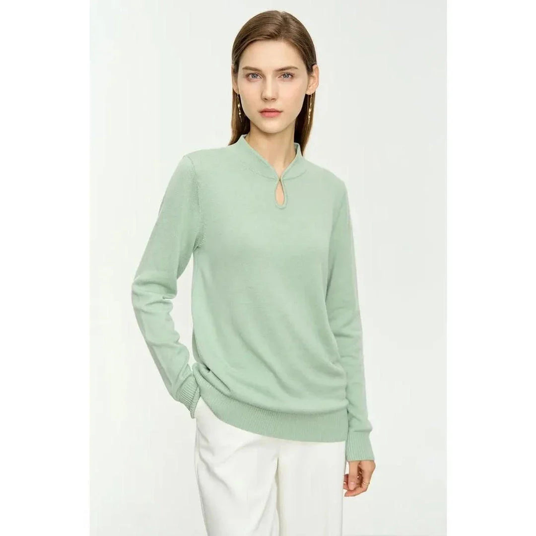 Chic Minimalist U-Collar Long Sleeve Pullover in Green and Purple colors, featuring a unique design and cozy blend of materials.