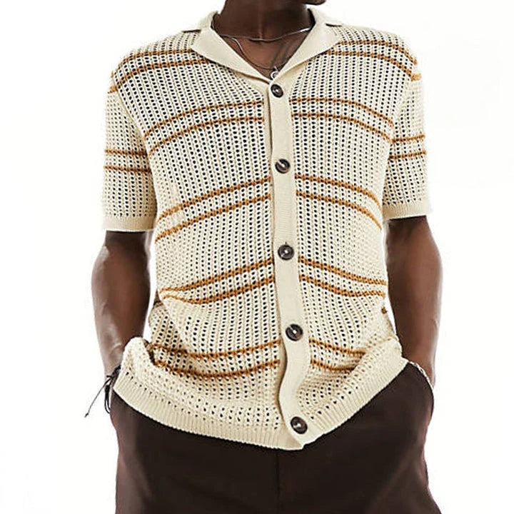 A classic men's knit cardigan with a stylish short-sleeve design, perfect for casual summer wear