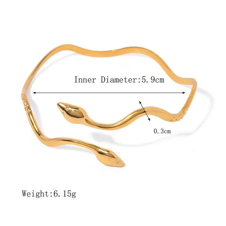 18K gold-plated stainless steel wavy snake bracelet with vintage-inspired design and open cuff style