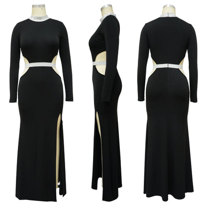 Stylish and flattering waist-accentuating split dress in solid colors, made from premium polyester fabric for comfort and versatility.