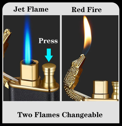Multipurpose windproof lighter with a dragon or dolphin design, featuring a dual-flame and wind-resistant construction for versatile use.