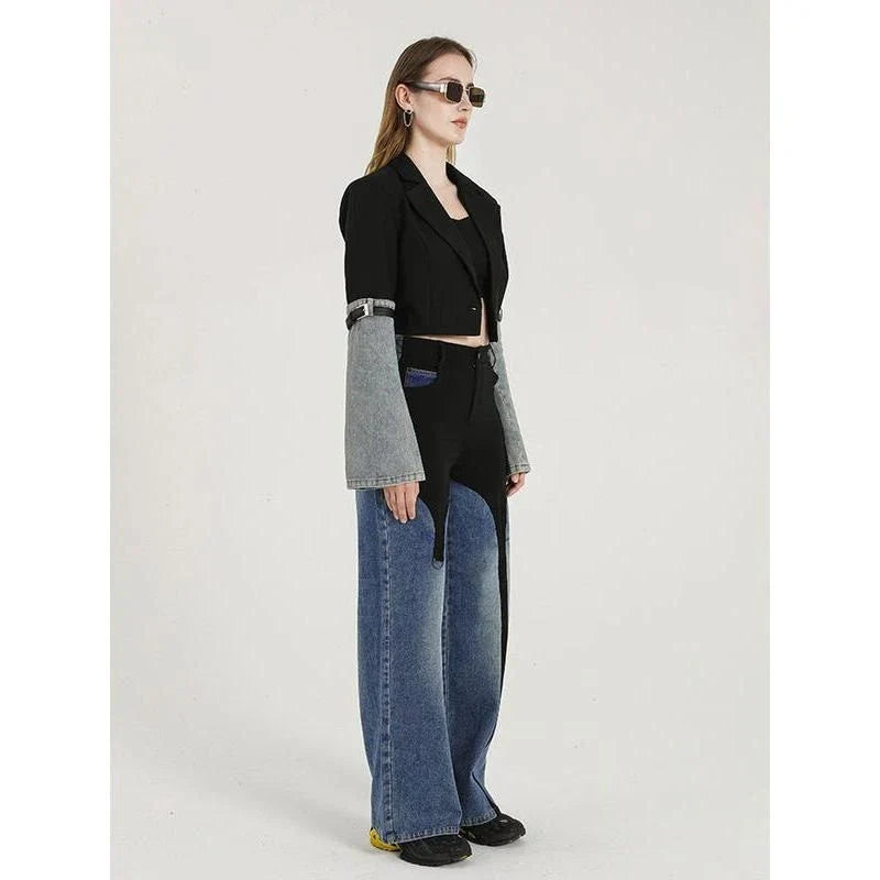 Stylish denim patchwork blazer with a unique design, perfect for autumn fashion