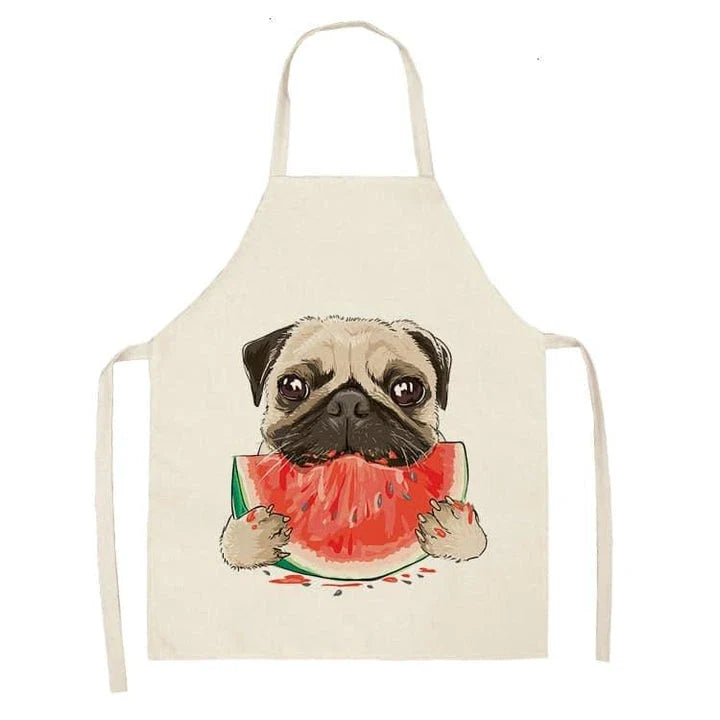 Charming pug-themed apron with a vibrant print, made of durable cotton and linen materials for practical kitchen use.