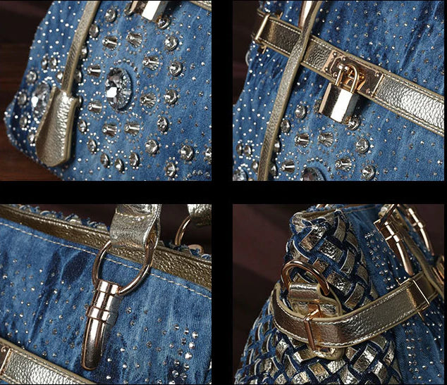 Silver diamond-studded denim messenger bag with adjustable strap and zippered main compartment