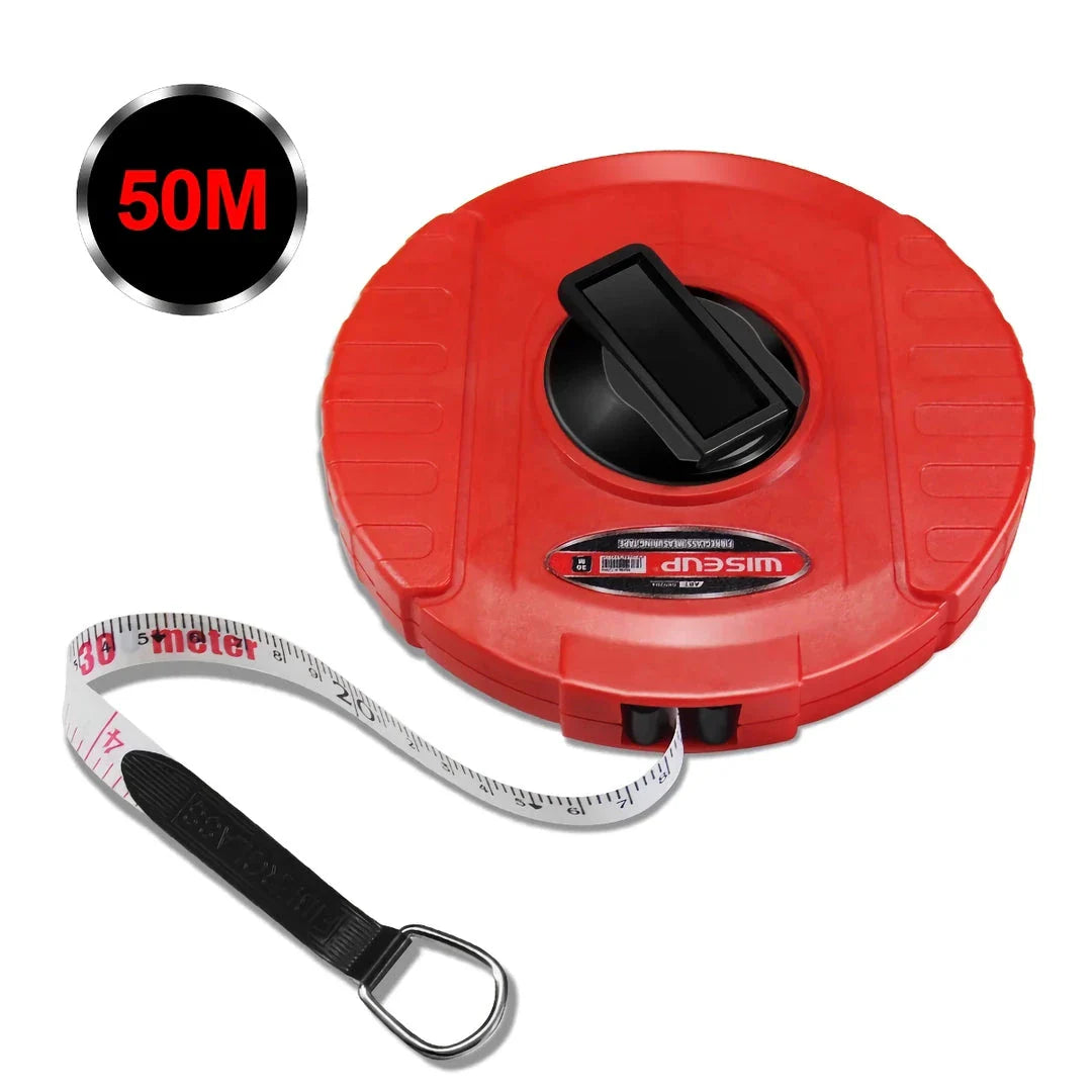 Heavy-duty fiberglass tape measure with double-sided printing and smooth manual crank for precise measurements in woodworking and construction projects