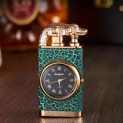 Premium dual-flame metal lighter with a distinctive crocodile head design, providing both style and functionality for outdoor and indoor use.