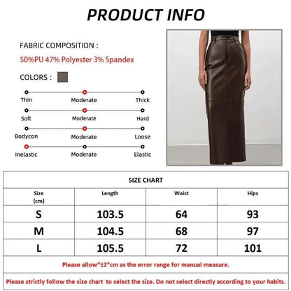 Elegant ankle-length faux leather skirt in vintage brown color, featuring a straight silhouette and empire waistline for a flattering fit.