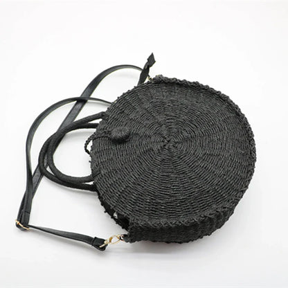 Stylish round straw woven handbag with zipper closure and comfortable carrying handle