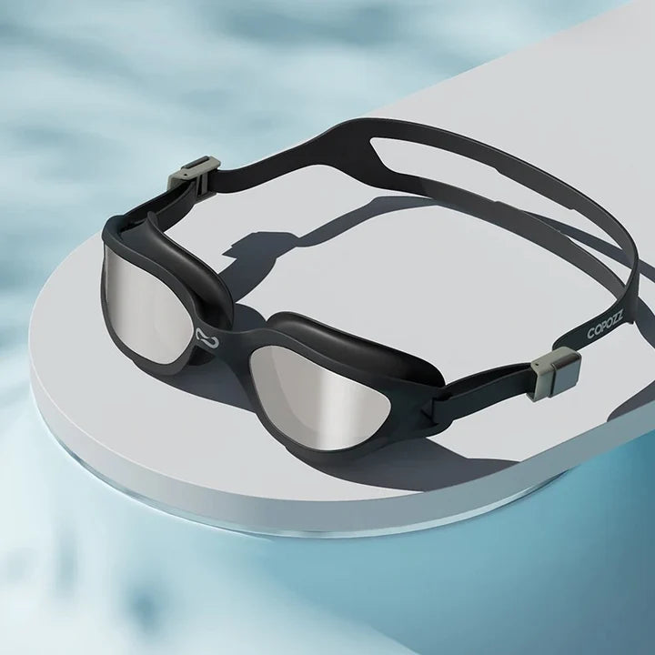 Premium anti-fog mirrored swimming goggles with adjustable silicone strap and UV protection