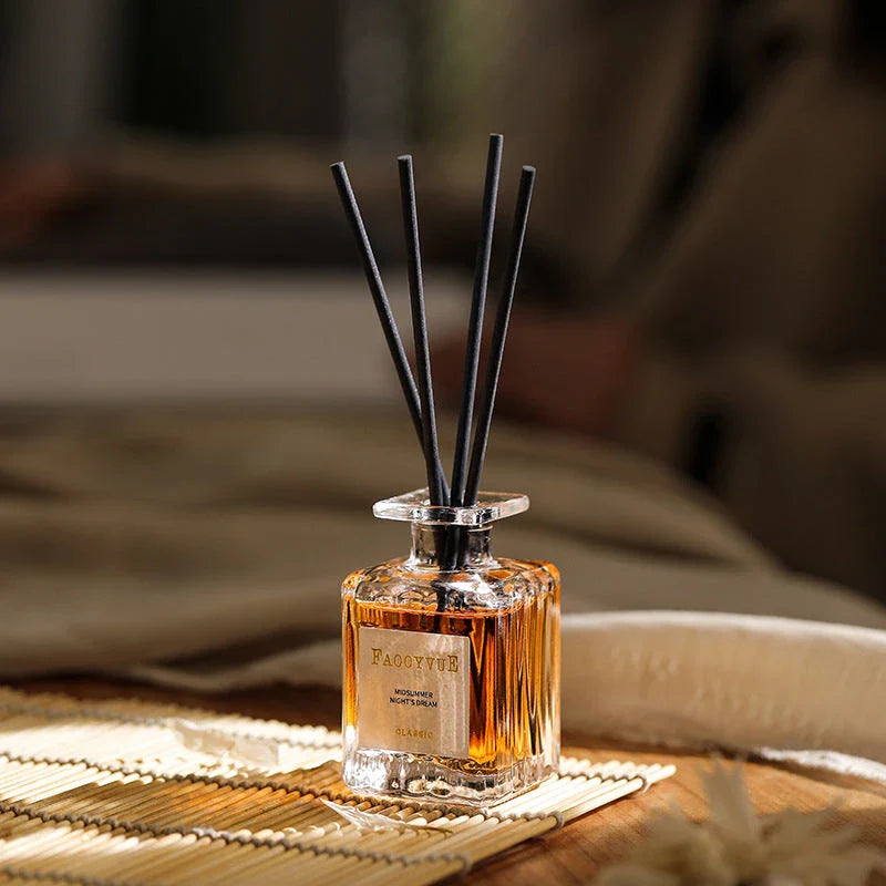 Romantic Manor Perfume Reed Diffuser Set with elegant glass bottle and wooden reeds, delivering a long-lasting, soothing fragrance to enhance your home's ambiance.
