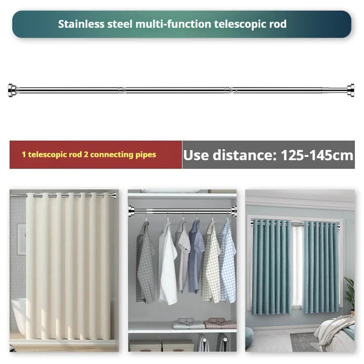 Adjustable stainless steel tension shower curtain rod in multiple size options for versatile bathroom and home use