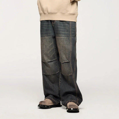 Men's relaxed fit retro straight-leg jeans in black, gray, and denim blue with vintage-inspired details