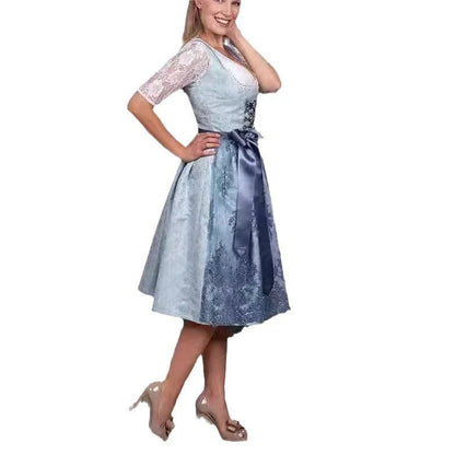 Bavarian-inspired 3-piece women's outfit with A-line skirt, pullover top, and jacquard pattern in sapphire blue color