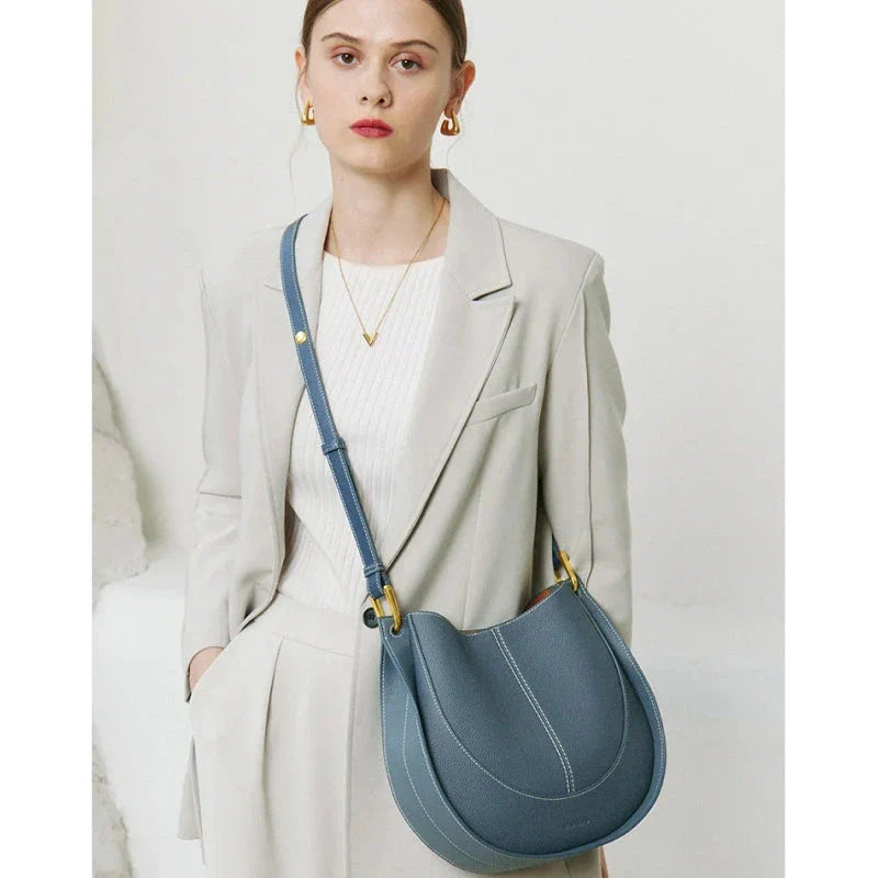 Genuine Leather Women's Large Hobo Shoulder Tote Bag in Blue - Premium Cowhide Leather Handbag with Spacious Interior and Multiple Pockets