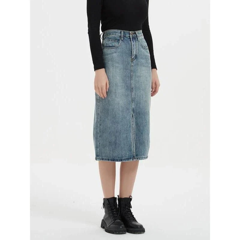 Chic and Comfortable High-Rise Denim Pencil Skirt with Flattering High-Waist Design and Versatile A-Line Silhouette