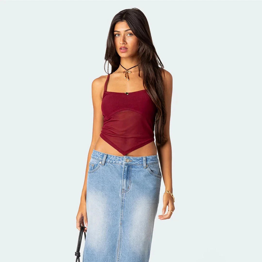 Chic mesh slim camisole top in claret color with floral appliqué design, perfect for summer wear