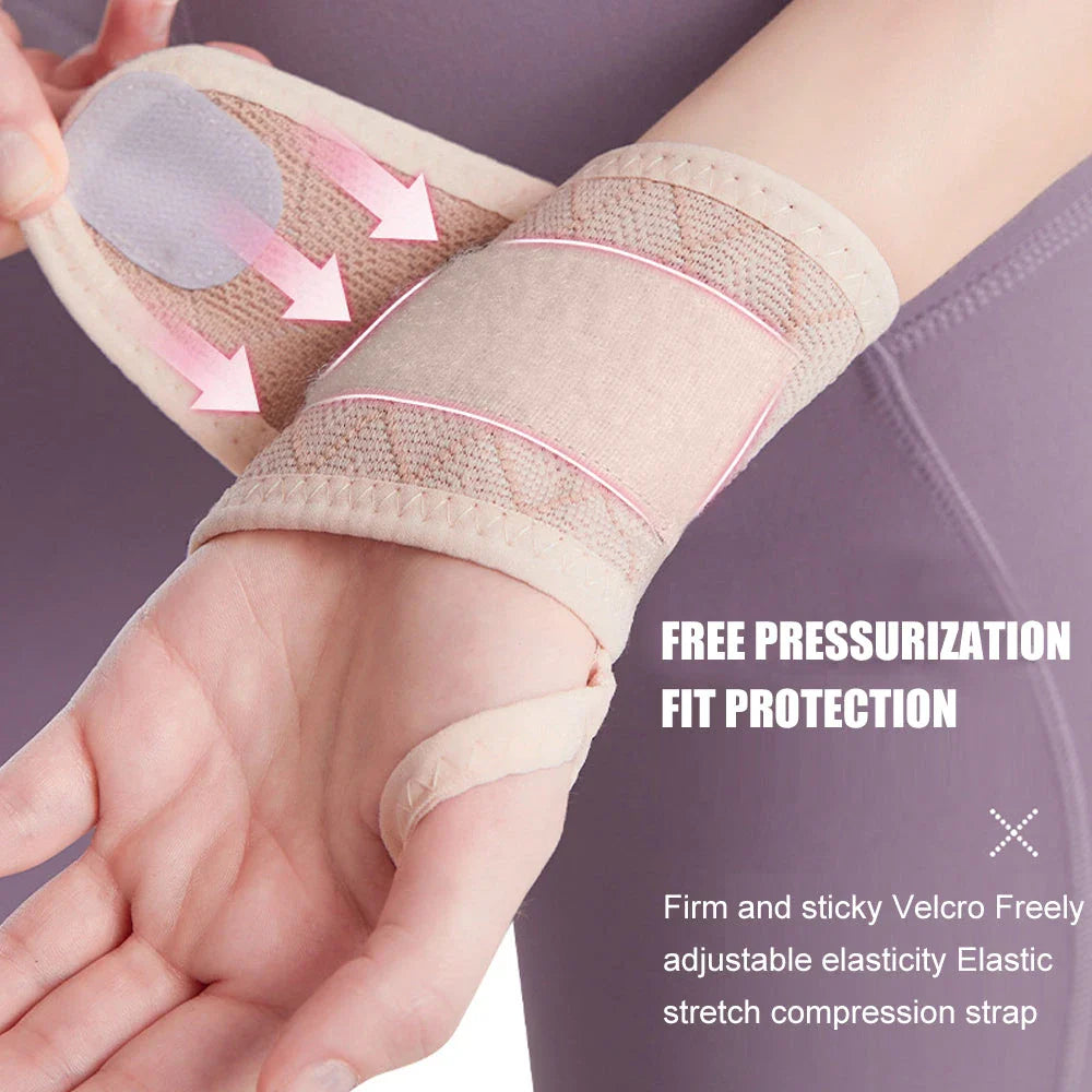 Premium sports wrist brace made of breathable spandex material with adjustable compression for customized support and pain relief during physical activities.