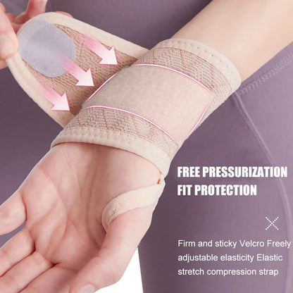 Premium sports wrist brace made of breathable spandex material with adjustable compression for customized support and pain relief during physical activities.