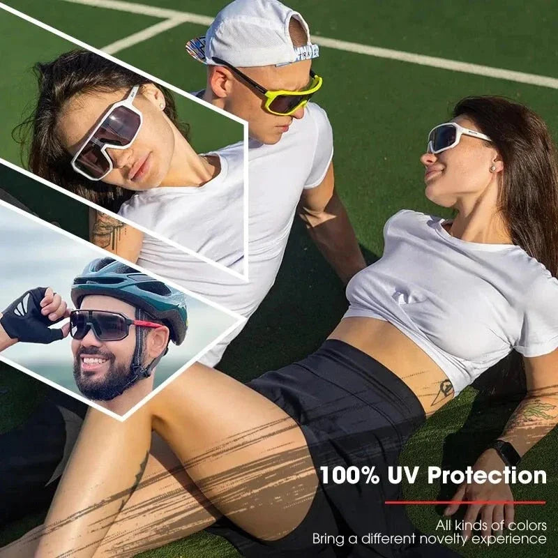 Pair of adjustable photochromic cycling sunglasses with UV400 protection, ideal for outdoor activities and sports