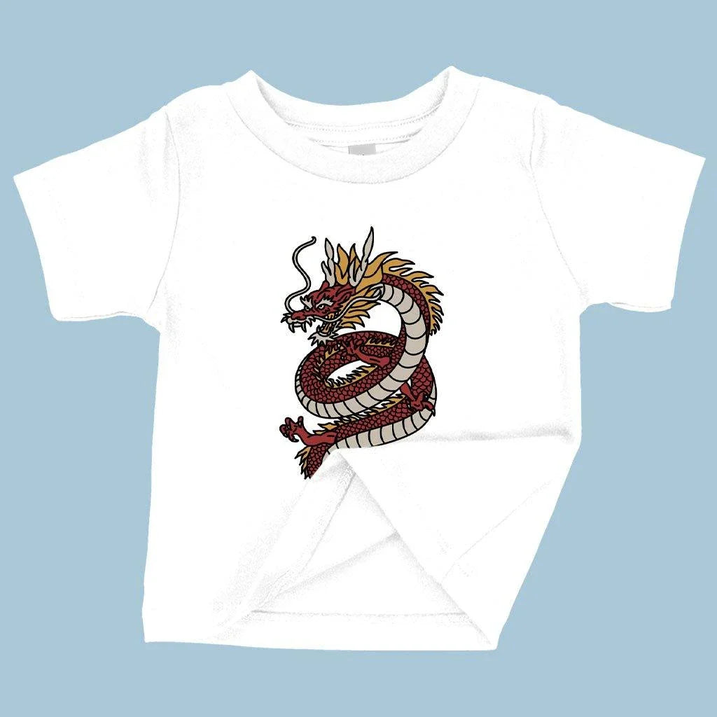 Adorable baby wearing soft and flexible Chinese dragon t-shirt in pink color