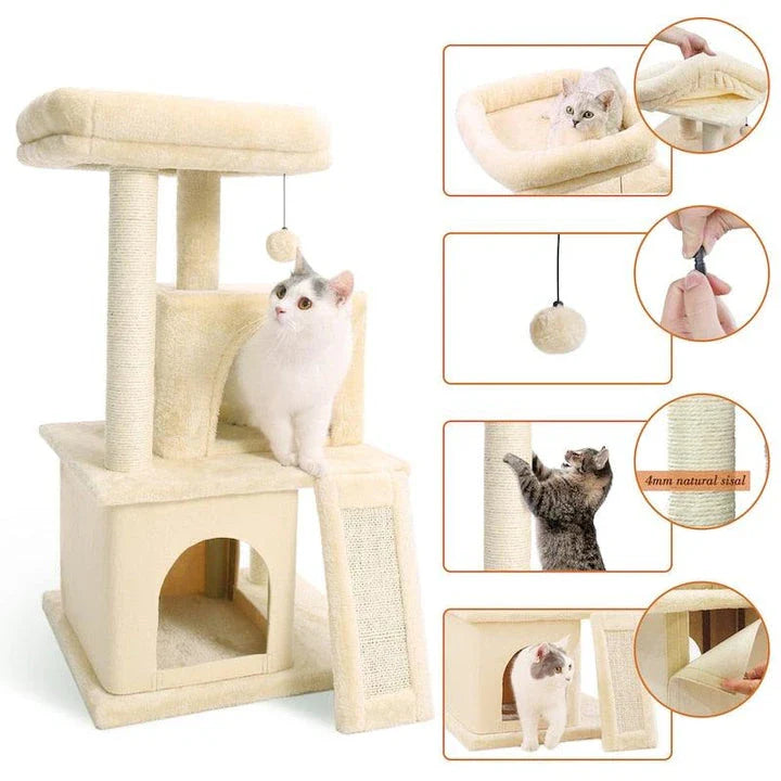 Cozy Cat Tree House with Ladder - A premium cat furniture piece featuring a spacious two-level design, sisal-covered scratching posts, and a convenient built-in ladder for your feline friend's comfort and enrichment.