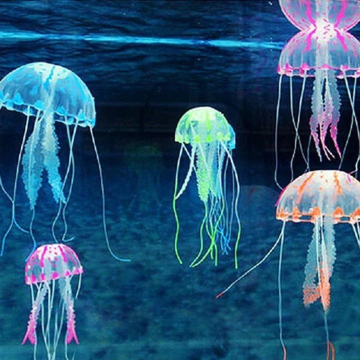 Glowing artificial jellyfish decoration with pulsing silicone tentacles and a fluorescent powder glow, ideal for aquariums and water features