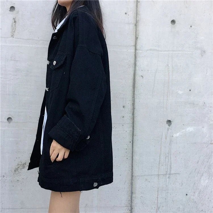 Stylish mid-length denim jacket for women with lotus leaf collar and loose, oversized fit