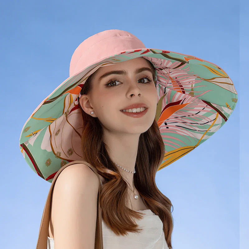 Fashionable Large Brim Women's Sun Hat in Beige with Reversible Floral Print Design