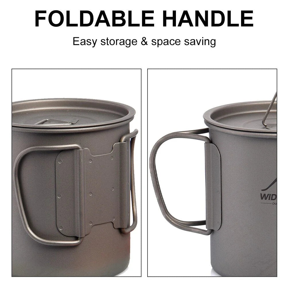 Titanium camping mug with lid, foldable design, available in multiple sizes for outdoor adventures