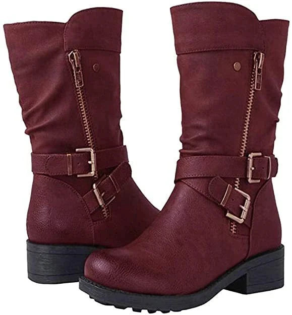 Stylish and comfortable women's martin boots with low heel, featuring a sleek belt buckle accent and durable rubber sole