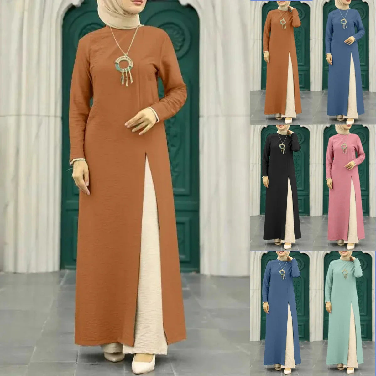 Elegant polyester dress with long sleeves, high slit hem, and available in caramel, black, blue, green, and pink colors