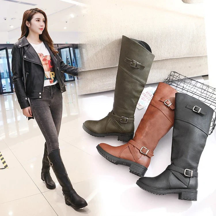 Stylish women's boots with low heels and a rounded toe, available in multiple colors and sizes