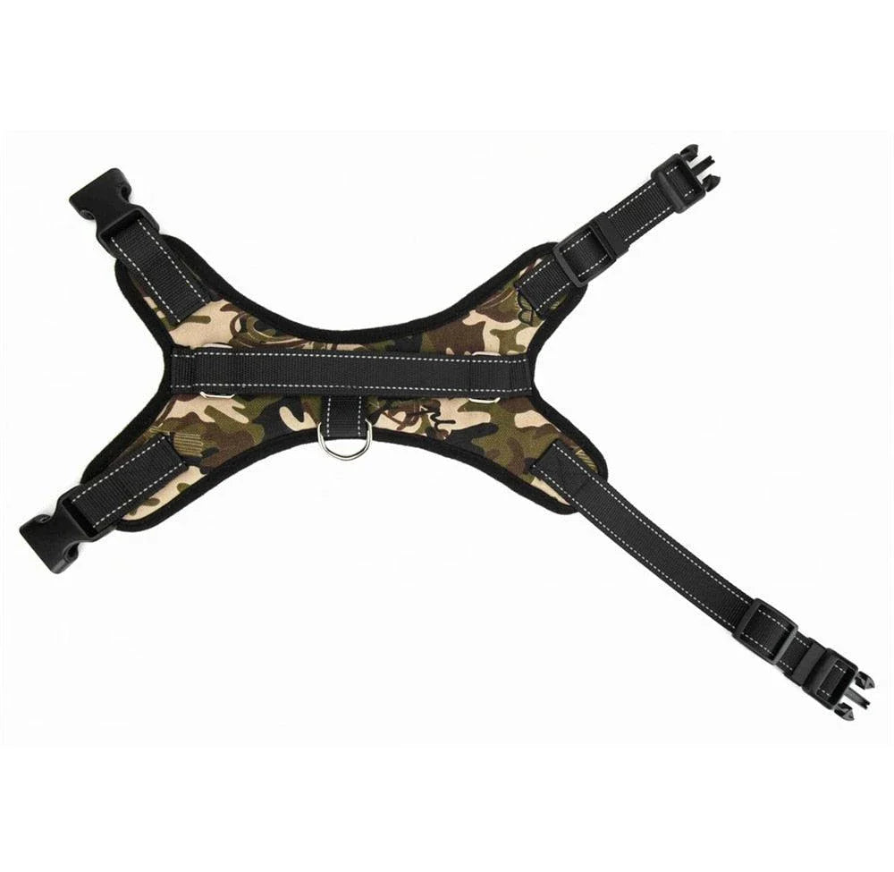 Durable nylon dog harness in camouflage pattern with adjustable straps for a custom fit