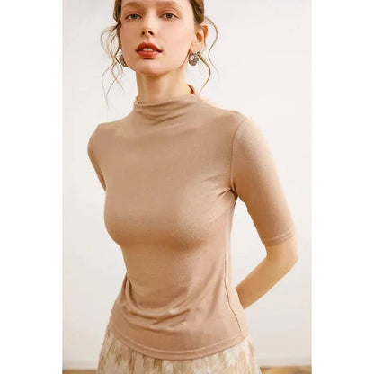 Women's Mock Neck Wool Blend T-Shirt in Pink by Trendha, featuring a sleek silhouette and classic design for elegant, comfortable wear.