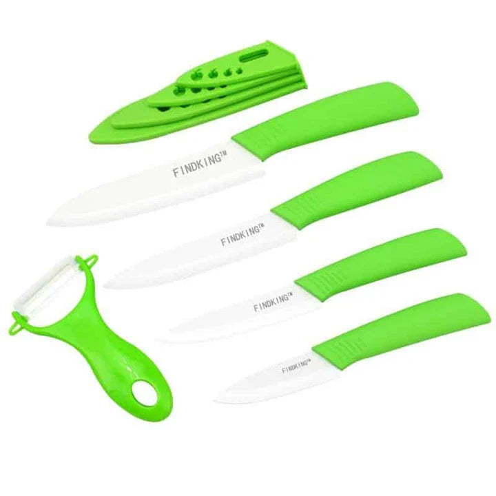 Vibrant ceramic knives in various colors, including red, blue, green, black, yellow, and orange, arranged on a white background.